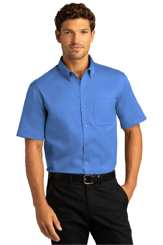 Port Authority Mens SuperPro Wrinkle Resistant React Short Sleeve Button Down Shirt w/ Pocket - Ultramarine Blue