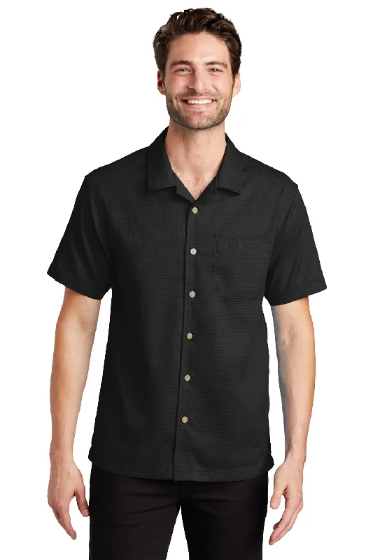 Port Authority Mens Wrinkle Resistant Short Sleeve Button Down Camp Shirt w/ Pocket - Black - Closeout