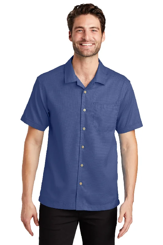 Port Authority Mens Wrinkle Resistant Short Sleeve Button Down Camp Shirt w/ Pocket - Royal Blue - Closeout