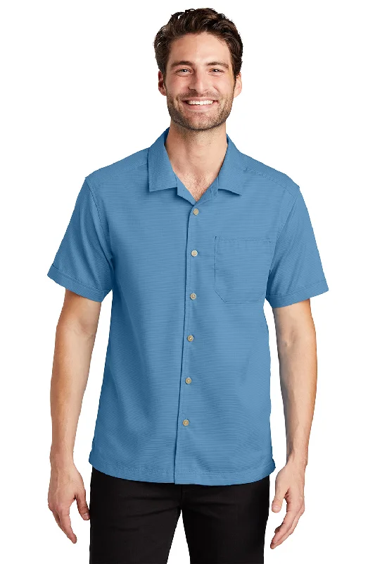 Port Authority Mens Wrinkle Resistant Short Sleeve Button Down Camp Shirt w/ Pocket - Celadon Blue - Closeout