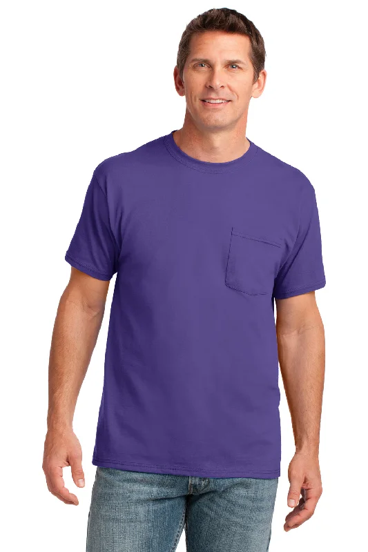 Port & Company Mens Core Short Sleeve Crewneck T-Shirt w/ Pocket - Purple - Closeout