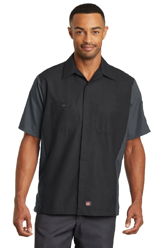 Red Kap Mens Crew Moisture Wicking Short Sleeve Button Down Shirt w/ Double Pockets - Black/Charcoal Grey