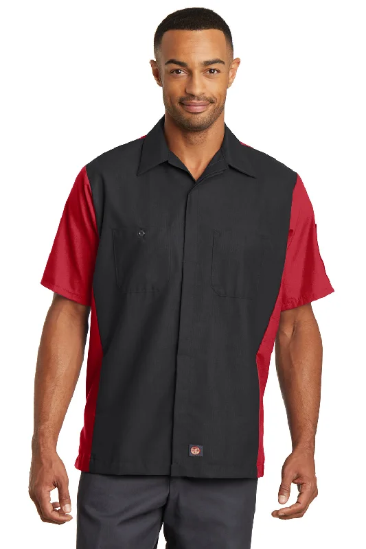 Red Kap Mens Crew Moisture Wicking Short Sleeve Button Down Shirt w/ Double Pockets - Black/Red