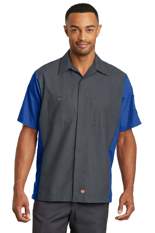 Red Kap Mens Crew Moisture Wicking Short Sleeve Button Down Shirt w/ Double Pockets - Charcoal Grey/Royal Blue