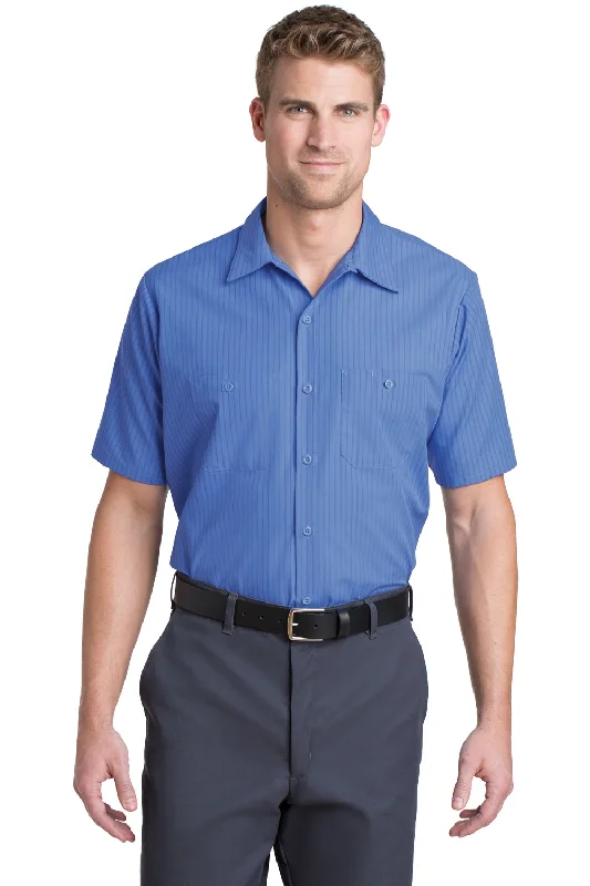 Red Kap Mens Industrial Moisture Wicking Short Sleeve Button Down Shirt w/ Double Pockets - Petrol Blue/Navy Blue