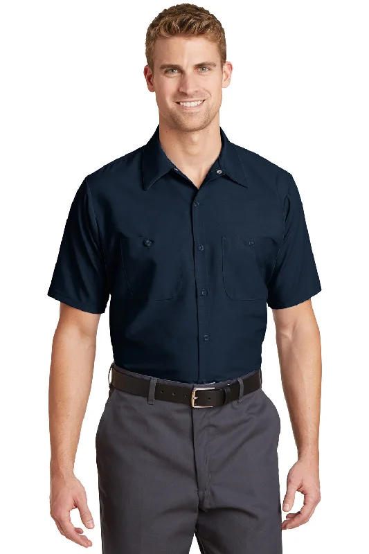 Red Kap Mens Industrial Moisture Wicking Short Sleeve Button Down Shirt w/ Double Pockets - Navy Blue