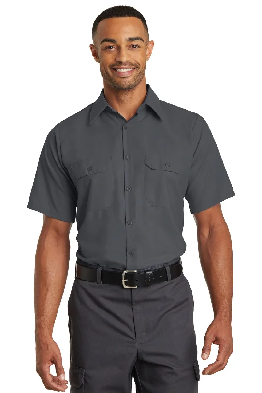 Red Kap Mens Moisture Wicking Short Sleeve Button Down Shirt w/ Double Pockets - Charcoal Grey