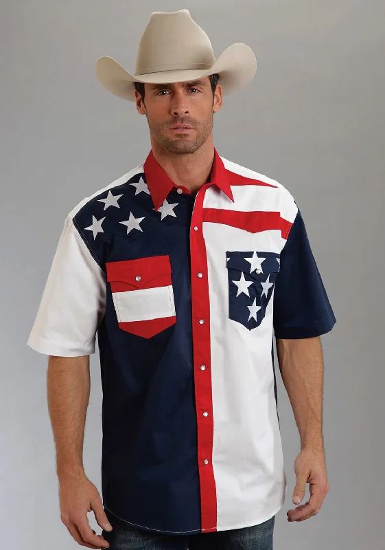 Printed Patterns Roper Americana Mens Blue 100% Cotton S/S Colorblock Flag Snap Western Shirt Printed Patterns Roper Americana Mens Blue 100% Cotton S/S Colorblock Flag Snap Western Shirt