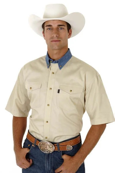 Minimal Classic Roper Mens Basics Khaki 100% Cotton S/S Denim Button Down Western Shirt Minimal Classic Roper Mens Basics Khaki 100% Cotton S/S Denim Button Down Western Shirt