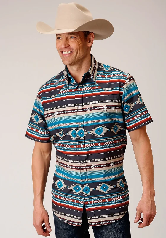 Luxury Customization Roper Mens Blue 100% Cotton Aztec Blanket Print S/S Shirt