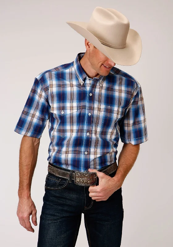 Sweet Breath Roper Mens Blue 100% Cotton Royal Plaid BD S/S Button Shirt