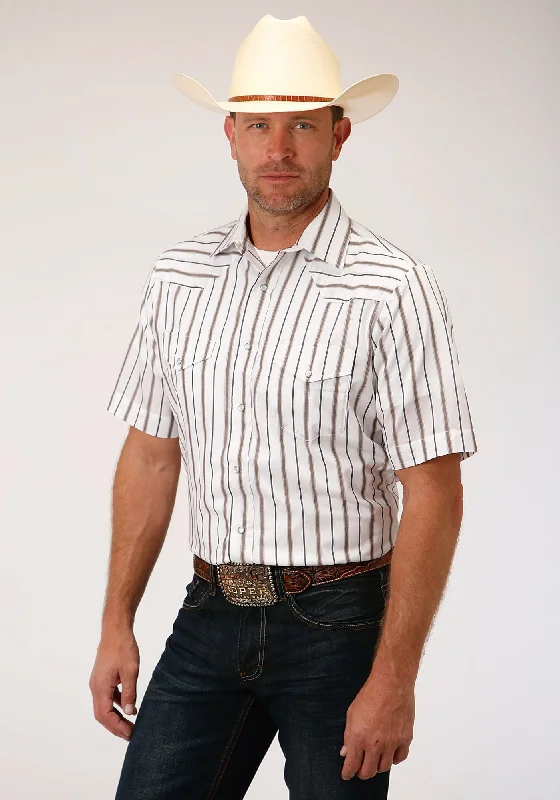 Bright Colors Roper Mens Brown/Grey Cotton Blend Wide Stripe S/S Shirt