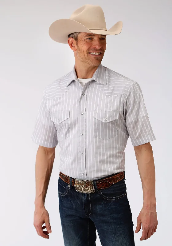 Romantic Temperament Roper Mens Grey/White Cotton Blend Striped S/S Shirt