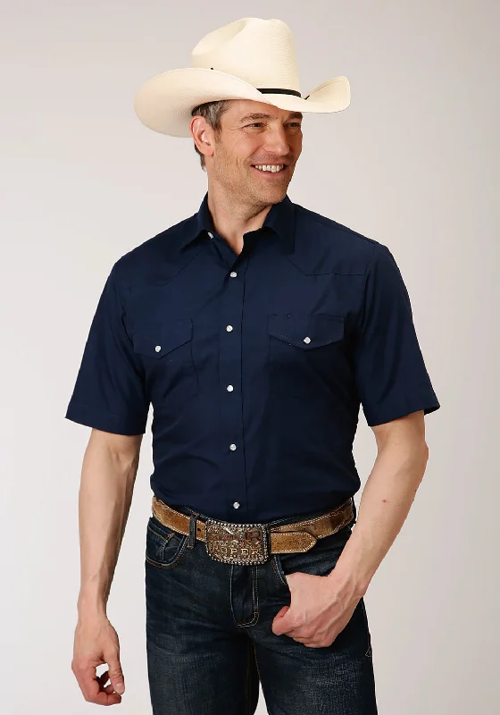 Cool Style Roper Mens Navy Blue Cotton Blend 55/45 Solid S/S Shirt