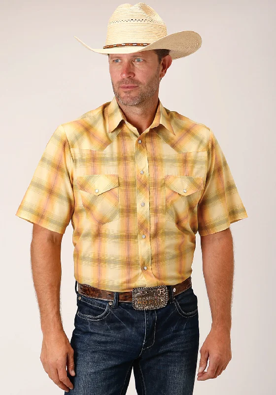 Youthful Style Roper Mens Yellow/Tangerine Cotton Blend Plaid S/S Shirt