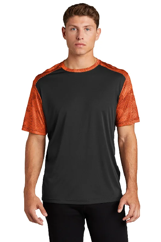 Sport-Tek Mens CamoHex Moisture Wicking Short Sleeve Crewneck T-Shirt - Black/Neon Orange