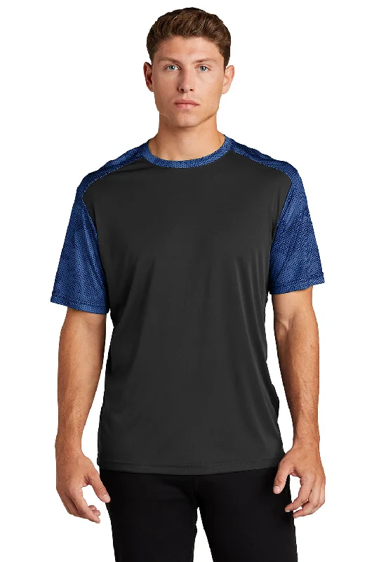 Sport-Tek Mens CamoHex Moisture Wicking Short Sleeve Crewneck T-Shirt - Black/True Royal Blue