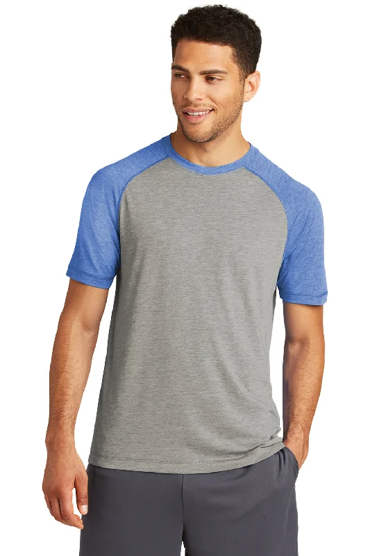 Sport-Tek Mens Moisture Wicking Short Sleeve Crewneck T-Shirt - Heather Light Grey/Heather True Royal Blue