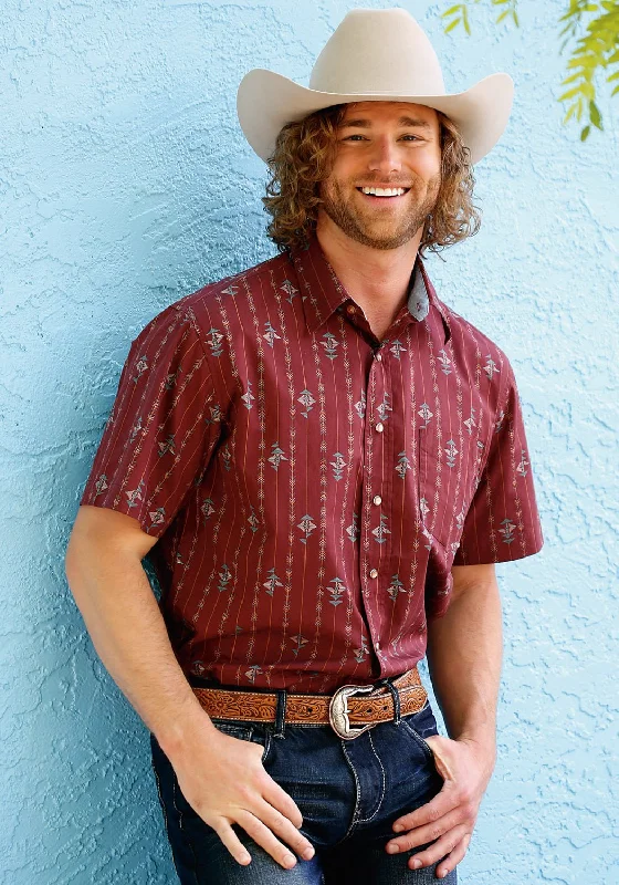Dressing Tips Tin Haul Mens Arrow Aztec Stripe Wine 100% Cotton S/S Shirt