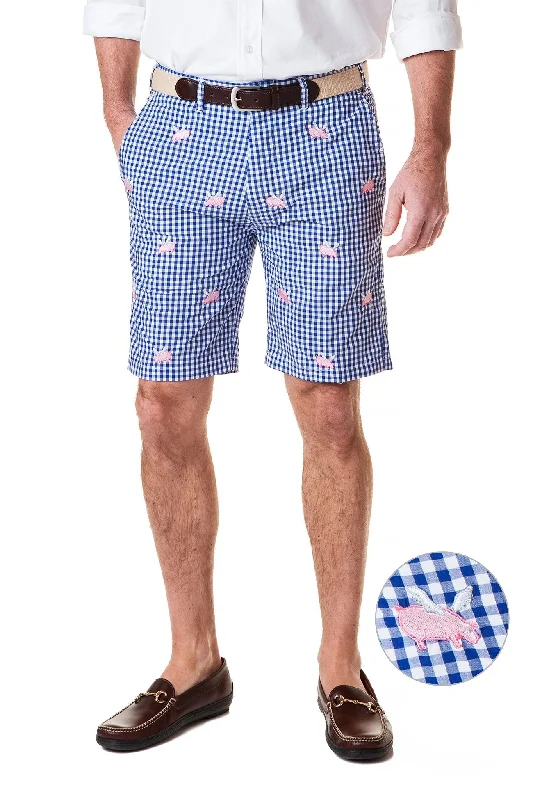 Cisco Short Wide Gingham Royal with Flying Pig