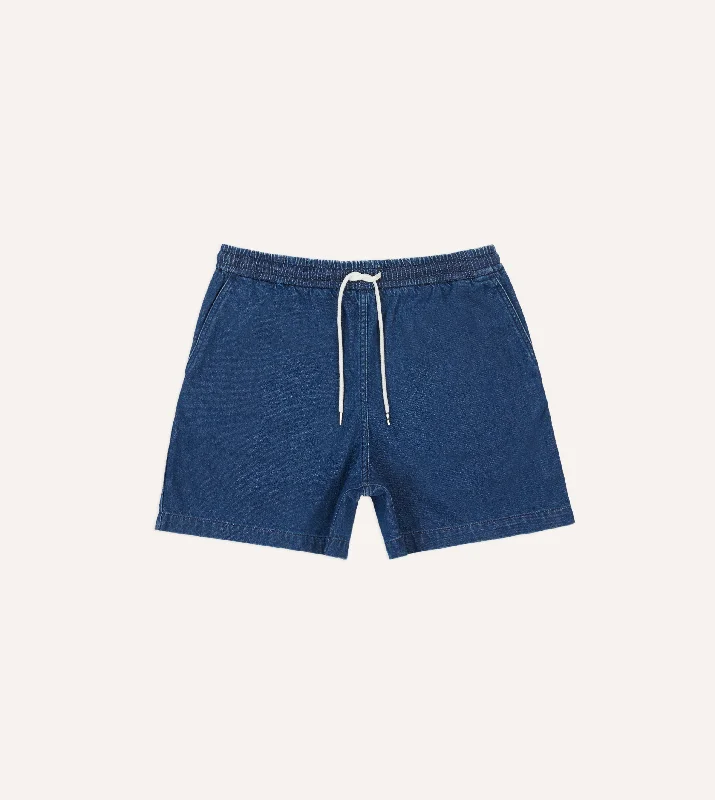 Stone Wash Indigo Cotton Drawstring Shorts