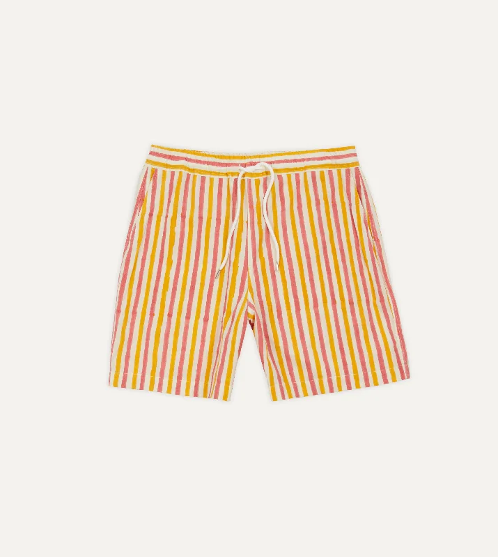 Yellow and Pink Stripe Block Print Cotton Drawstring Shorts